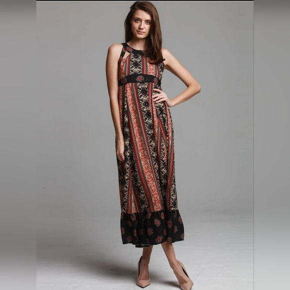 Free People You Made My Day Black Rust Boho Lace Up Back Maxi Dress - Picture 2 of 11